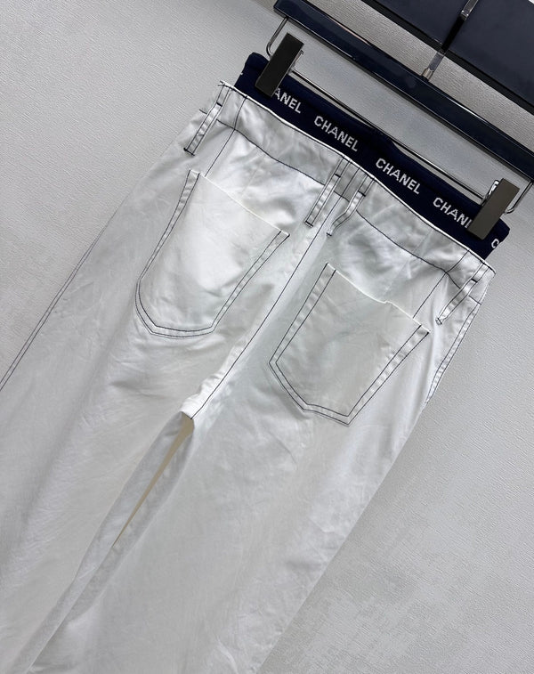 CC Drawstring Webbing Trousers White Cotton Tencel 350186