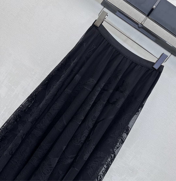 CD Lace Mesh Midi Skirt Black Polyester 350179