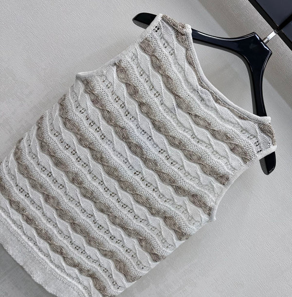 CC 26s Knitted Vest White Taupe Cotton 378379