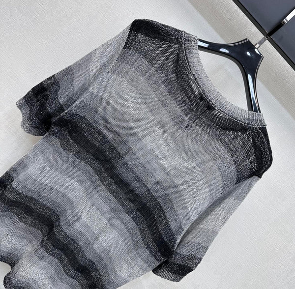CC 26s Short-Sleeve Knit Top Black White Wool Polyester 378336
