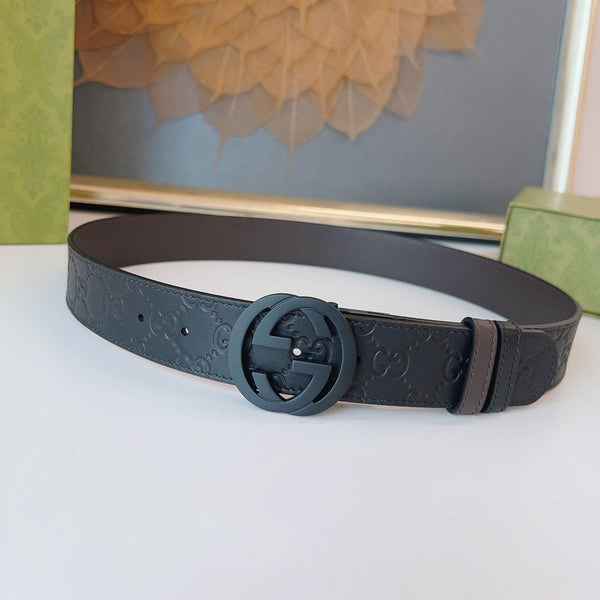 Gucci Supreme Belt Black Buckle 37mm Black Embossed Leather