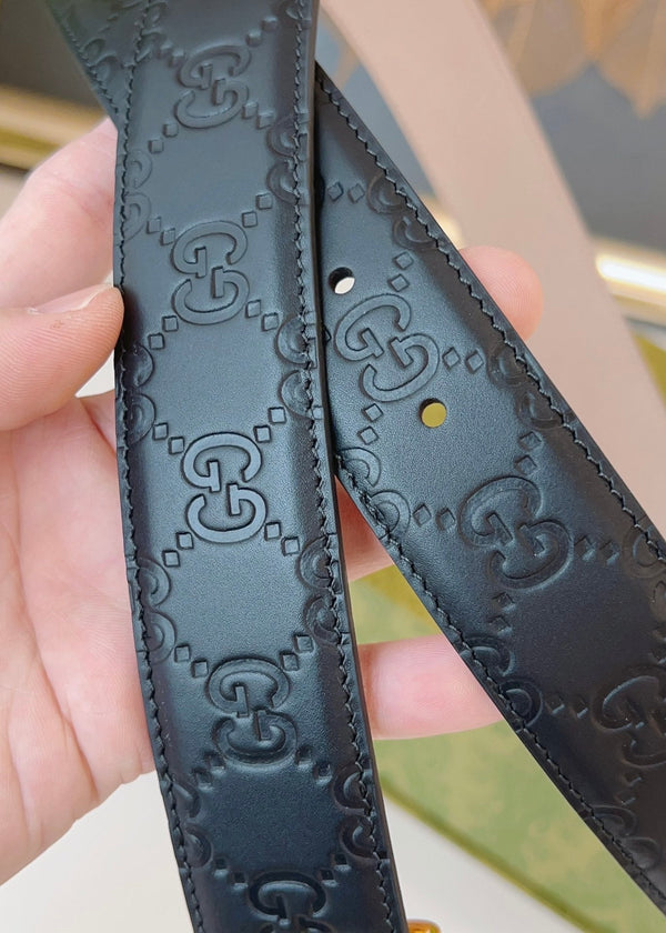 Gucci Signature Belt Gold Buckle 35mm Black Embossed Leather