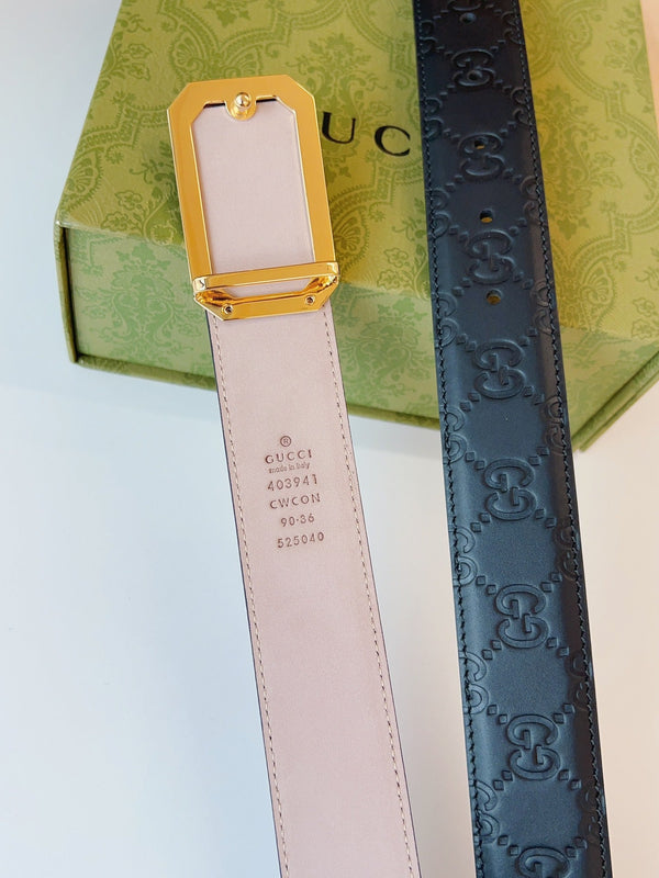 Gucci Signature Belt Gold Buckle 35mm Black Embossed Leather