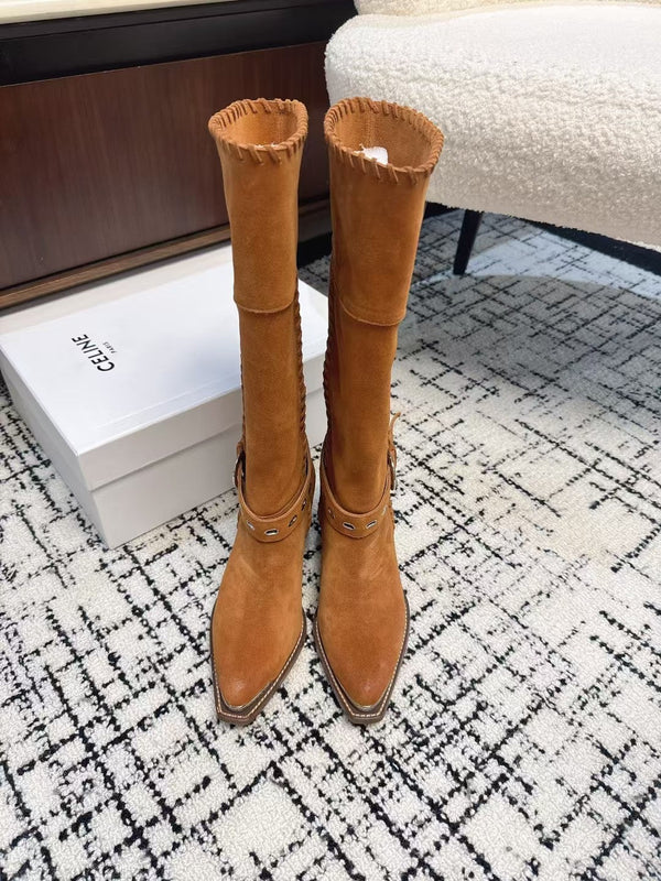 CE 26S Western Buckle Jumping Boots 4.5cm Orange Brown Suede 118186