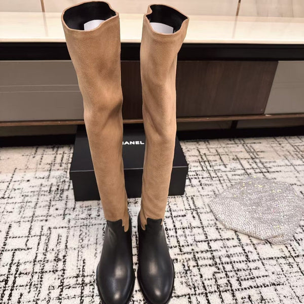 Chanel 25A Winter New Thigh Boots Black Brown Cowhide Mix Suede 393521