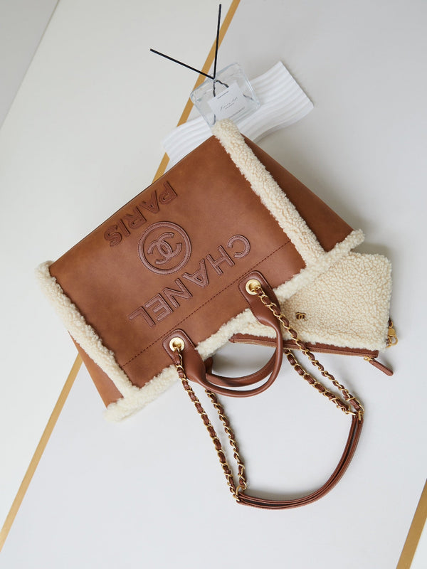 CC Shopping Bag 32cm Brown Beige Sherling Lambskin