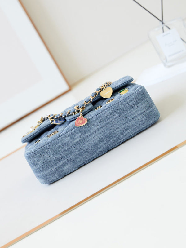 CC 24K Flap Bag 20cm Multi Charm Blue Denim Gold Hardware