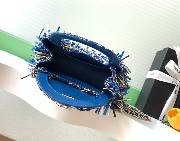 CC 2026 Top Handle Bag 19cm Blue White Raffia Fringe 292256