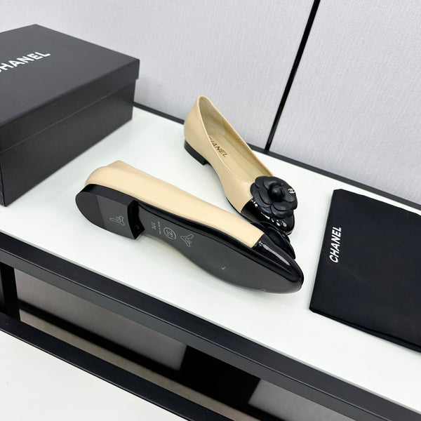 ballet flat flower cream calfskin black patent calfskin