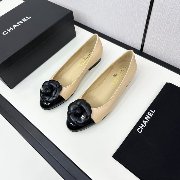 ballet flat flower cream calfskin black patent calfskin