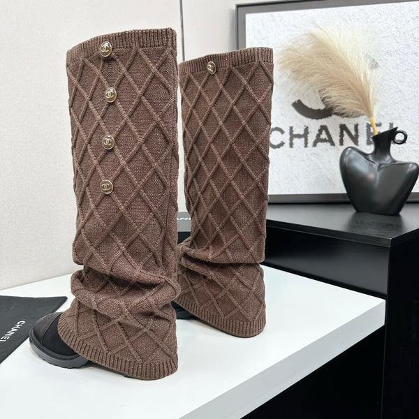 CC 26s Diamond Knit Buttoned Long Boots Black Dark Brown Calfskin Knit 985768