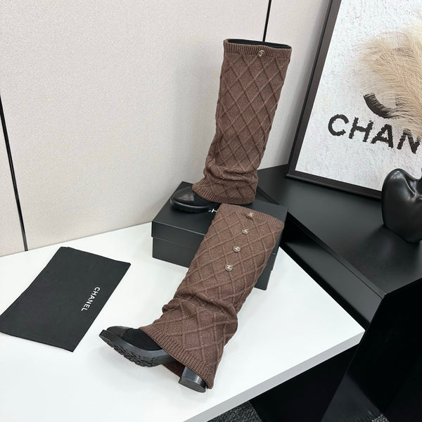CC 26s Diamond Knit Buttoned Long Boots Black Dark Brown Calfskin Knit 985768