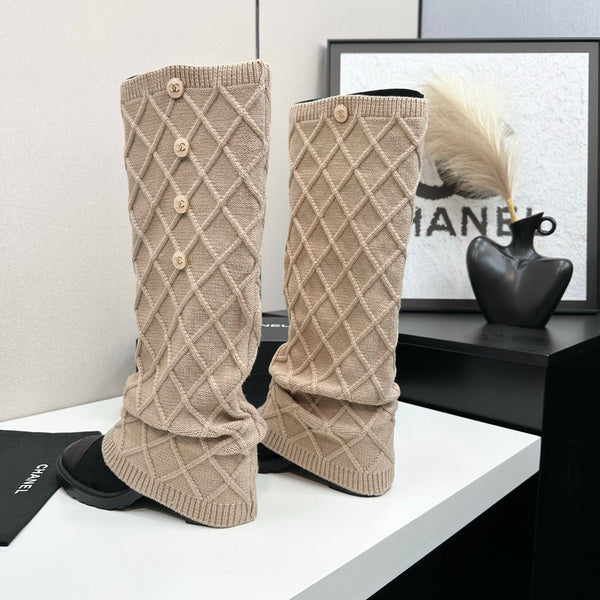 CC 26s Diamond Knit Buttoned Long Boots Black Beige Calfskin Knit 985769
