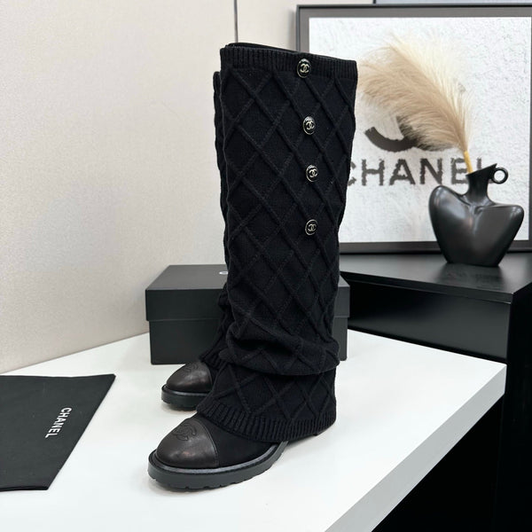 CC 26s Diamond Knit Buttoned Long Boots Black Calfskin Knit 985770