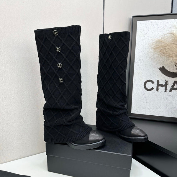 CC 26s Diamond Knit Buttoned Long Boots Black Calfskin Knit 985770