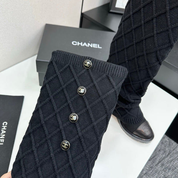 CC 26s Diamond Knit Buttoned Long Boots Black Calfskin Knit 985770