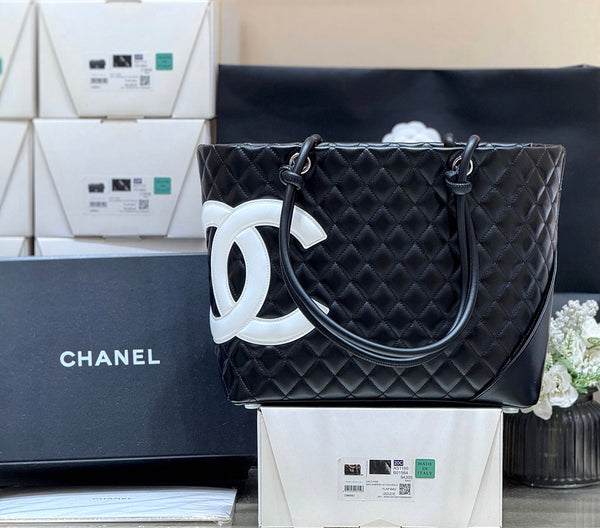 CC 25s Cambon Ligne Tote Bag 30cm In Black And White Calfskin
