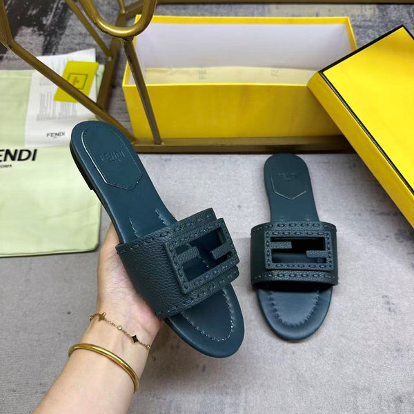 FF Baguette Slides Embroidered Teal Green Nappa Leather 826560