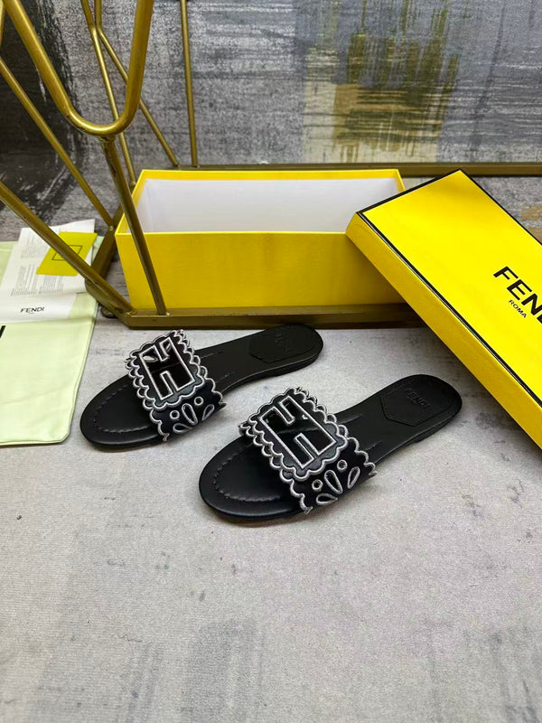 FF  Baguette Slides Embroidered Black Nappa Leather 826561