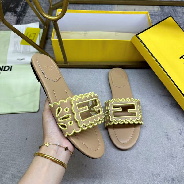 FF Baguette Slides Embroidered Beige Nappa Leather 826564
