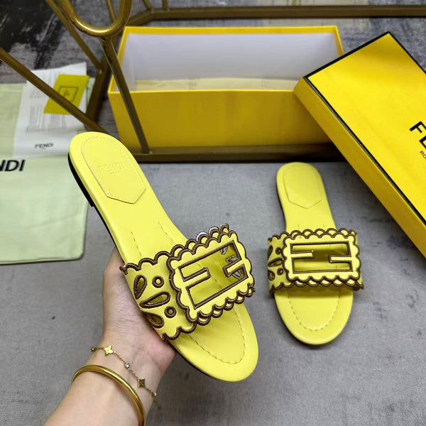 FF Baguette Slides Embroidered Yellow Nappa Leather 826565