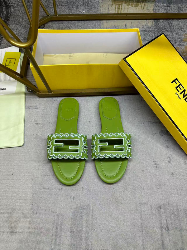 FF Baguette Slides Embroidered Green Nappa Leather 826566