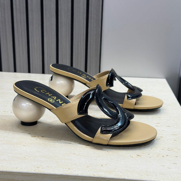 CC 26s Round Toe Open Toe Cutout Sandals 7cm Black Beige in Calfskin 761935