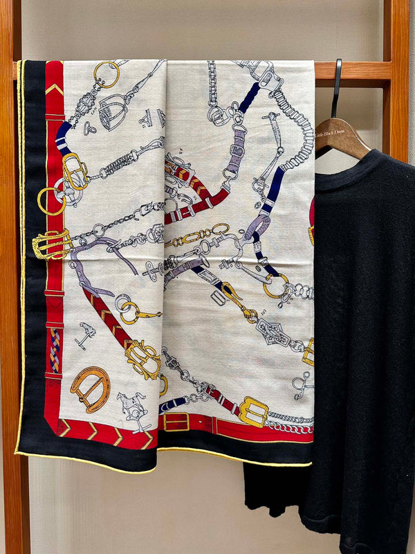 Chevaux Dechaines Shawl 135 CM IN Red Colorful Cashmere Silk 373683
