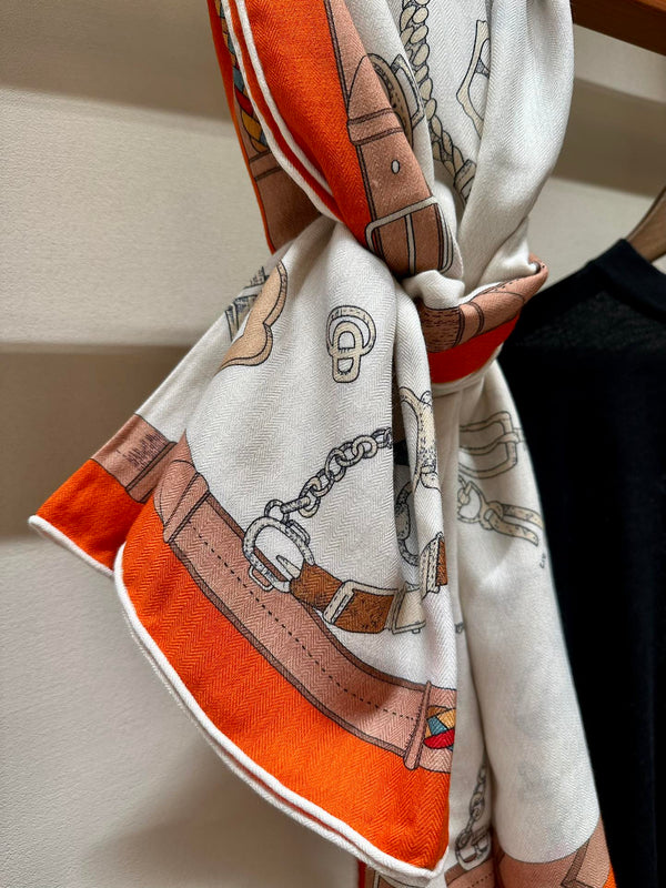 Chevaux Dechaines Shawl 135 CM IN Orange Colorful Cashmere Silk 373685