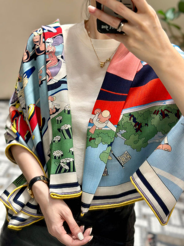 Locomotion Shawl 140 CM In Light Blue Colorful Cashmere And Silk 384147