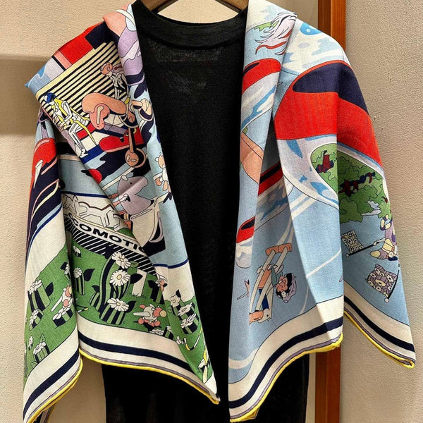 Locomotion Shawl 140 CM In Light Blue Colorful Cashmere And Silk 384147