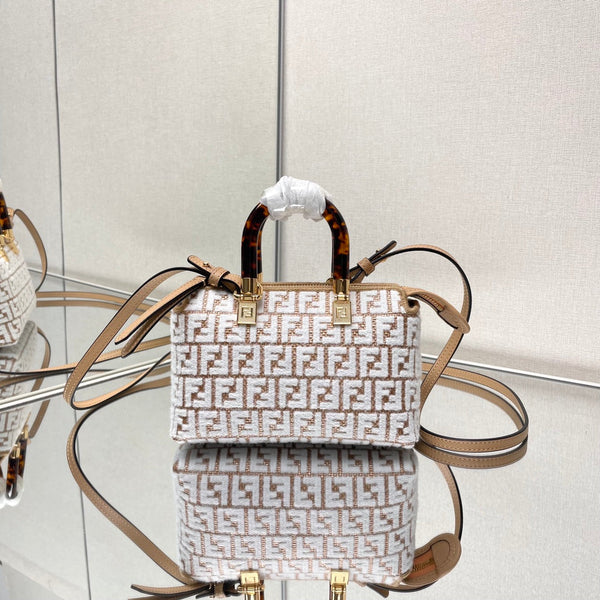 BY THE WAY MINI 18 IN WHITE WOOL AND CAMEL BROWN RAFFIA CALFSKIN TRIM