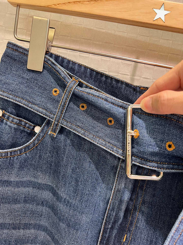 LV Large Belt Decorated Jeans Blue Cotton