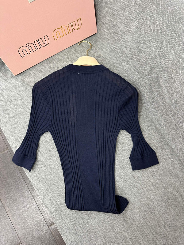 Miu Short-sleeved T-shirt Navy Blue Wool 345306