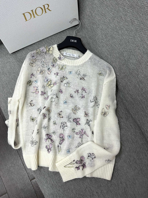 CD Butterfly Embroidered SweaterWhite Alpaca Wool Cashmere 345311