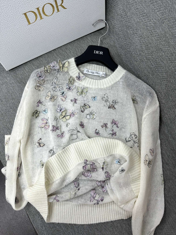 CD Butterfly Embroidered SweaterWhite Alpaca Wool Cashmere 345311