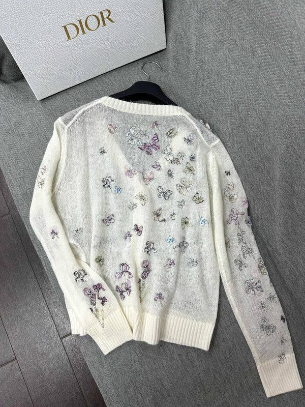 CD Butterfly Embroidered Cardigan White Alpaca Wool Cashmere 345330
