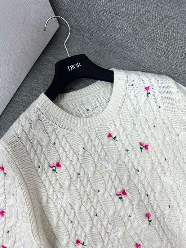 CD Short-Sleeved Sweater Small Floral Embroidery Ivory Wool 349483
