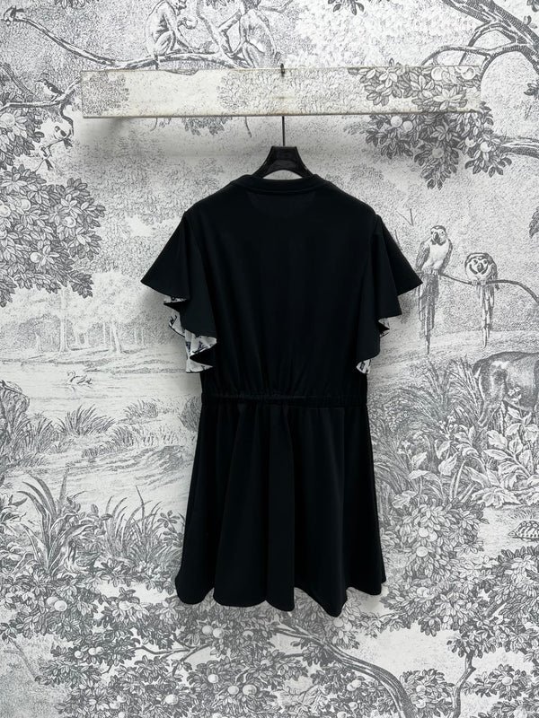 LV 25 Lotus Leaf Short Sleeve Dress Black Cotton