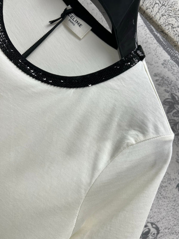 Celine 25 Embroidered Logo T-shirt White mix Black Cotton Polyester