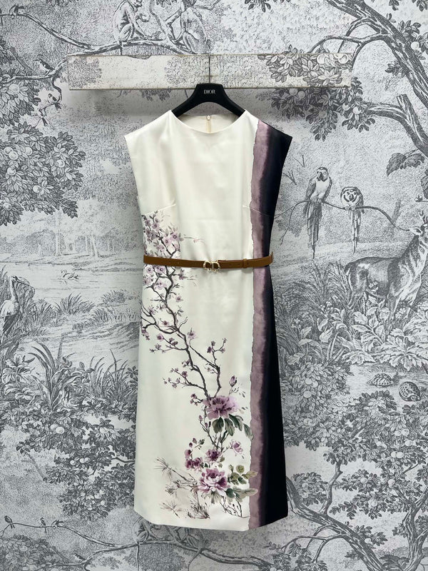 CD 25 Floral Print Sleeveless Dress Beige Silk