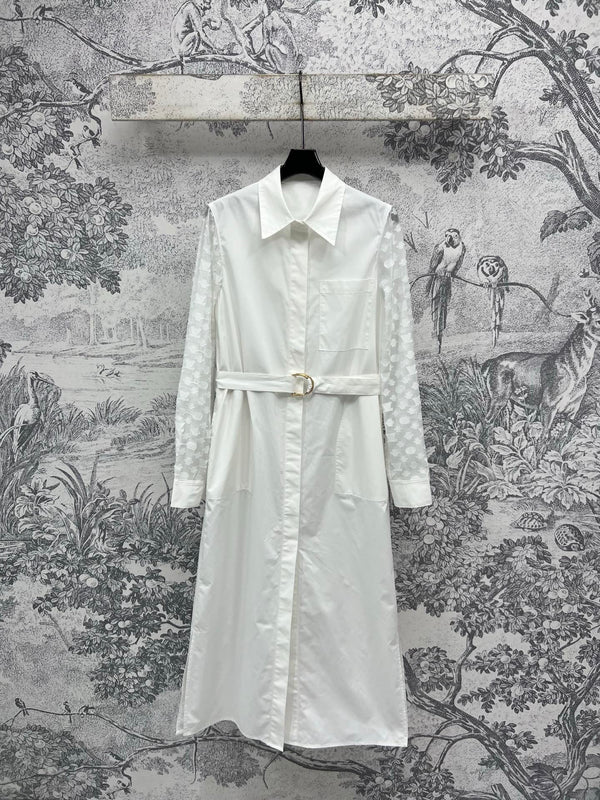 LV 25 Splicing Perspective Jacquard Monogram Sleeve Dress White Cotton