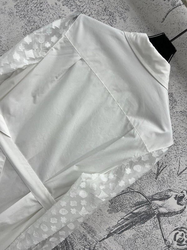 LV 25 Splicing Perspective Jacquard Monogram Sleeve Dress White Cotton