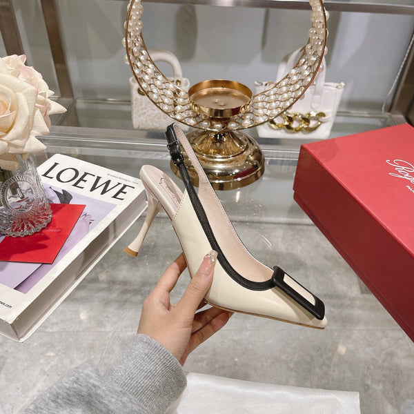 Belle Viv Metal Buckle Slingback Pumps 85 White Black Patent Leather