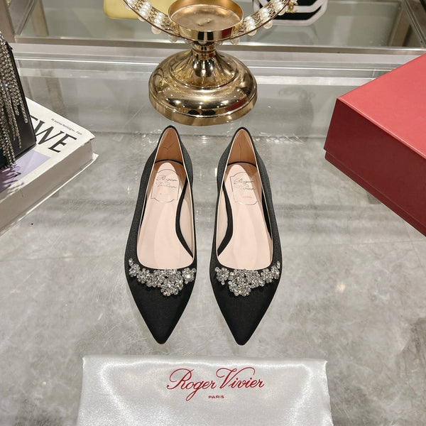 Viv 25 Crystal Diamond Buckle Flats Black Silk Satin 235396
