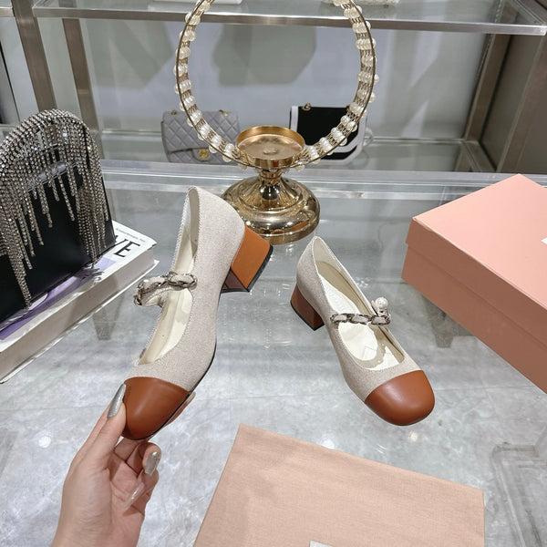 Miu 25C Mary Jane 45MM Beige Cream Mix Brown Fabric 235365