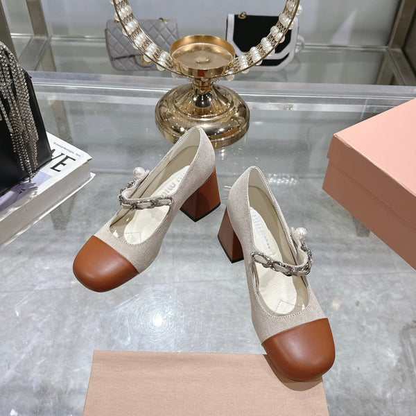 Miu 25C Mary Jane 75MM Beige Cream Mix Brown Fabric 235367