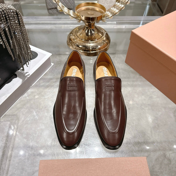 Miu Distressed Loafers Brown Cowhide 592053