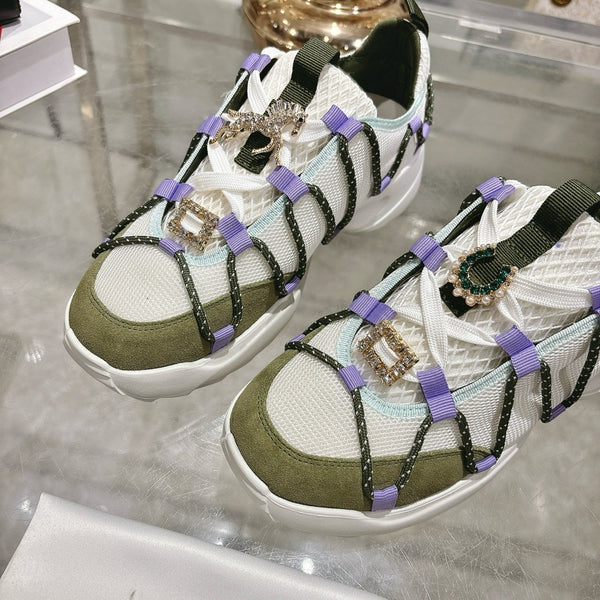 Roger Vivier Zag Sneakers White Olive Lace Suede 679799