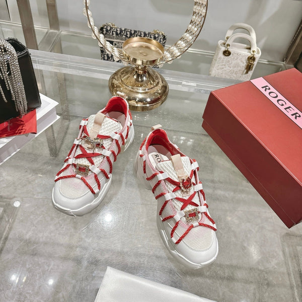 Roger Vivier Zag Sneakers White Red Lace Lambskin 679800